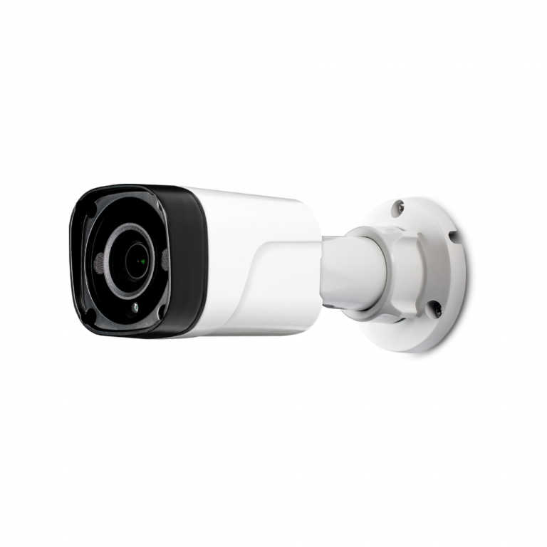 White and black security camera mounted on a white wall, facing forward.