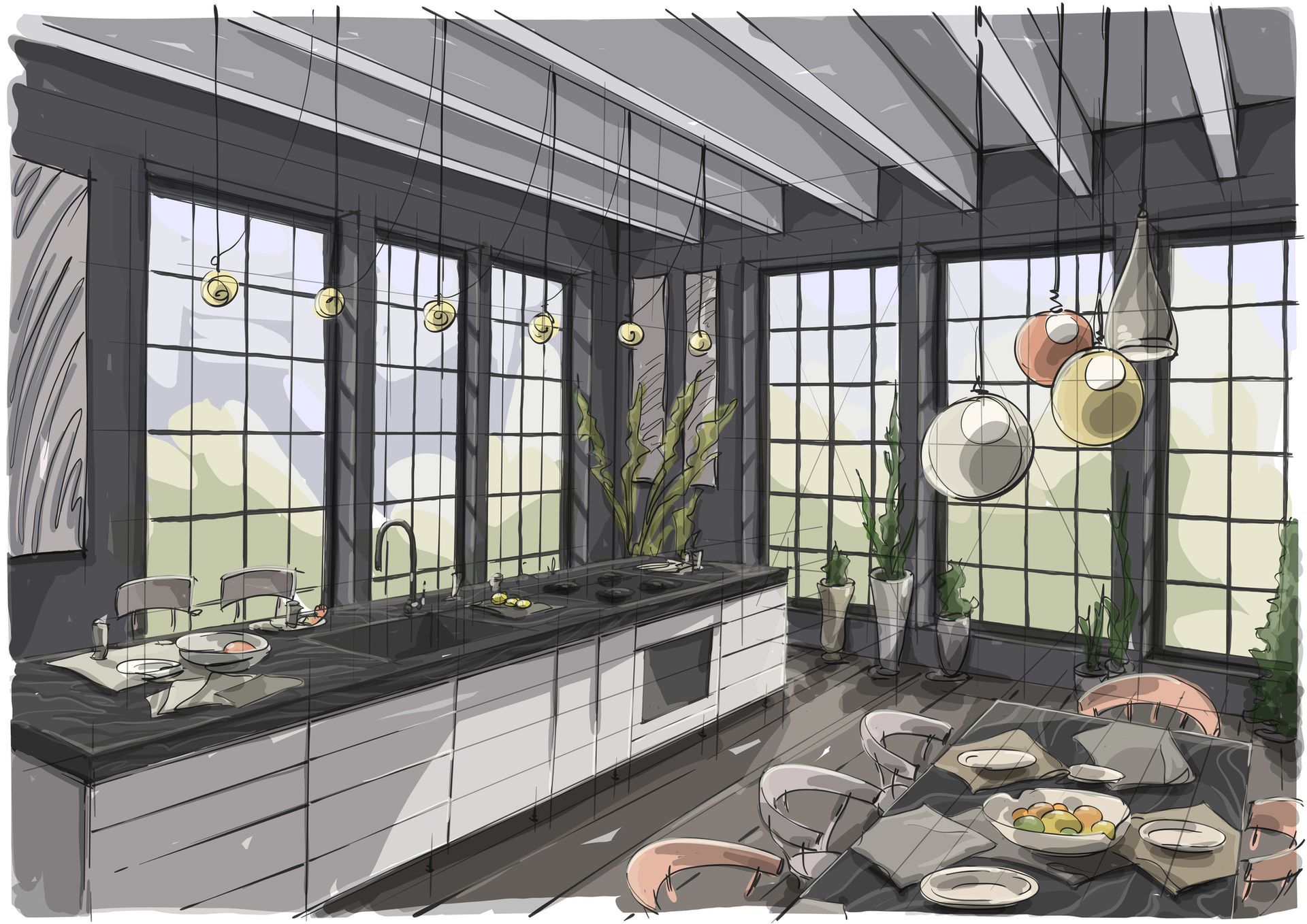 A drawing of a kitchen with a dining table and lots of windows.