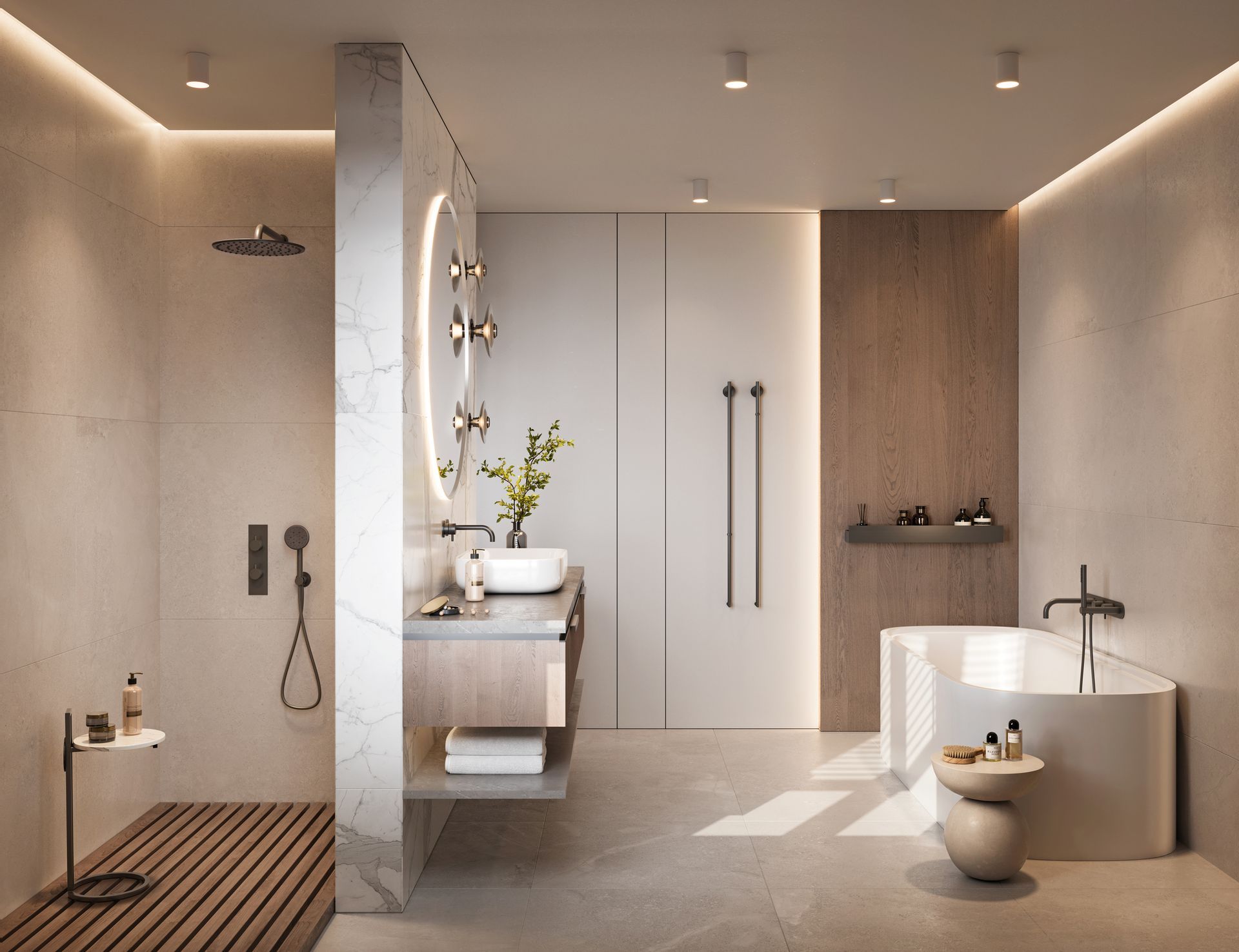 A bathroom with a tub , sink , shower and mirror