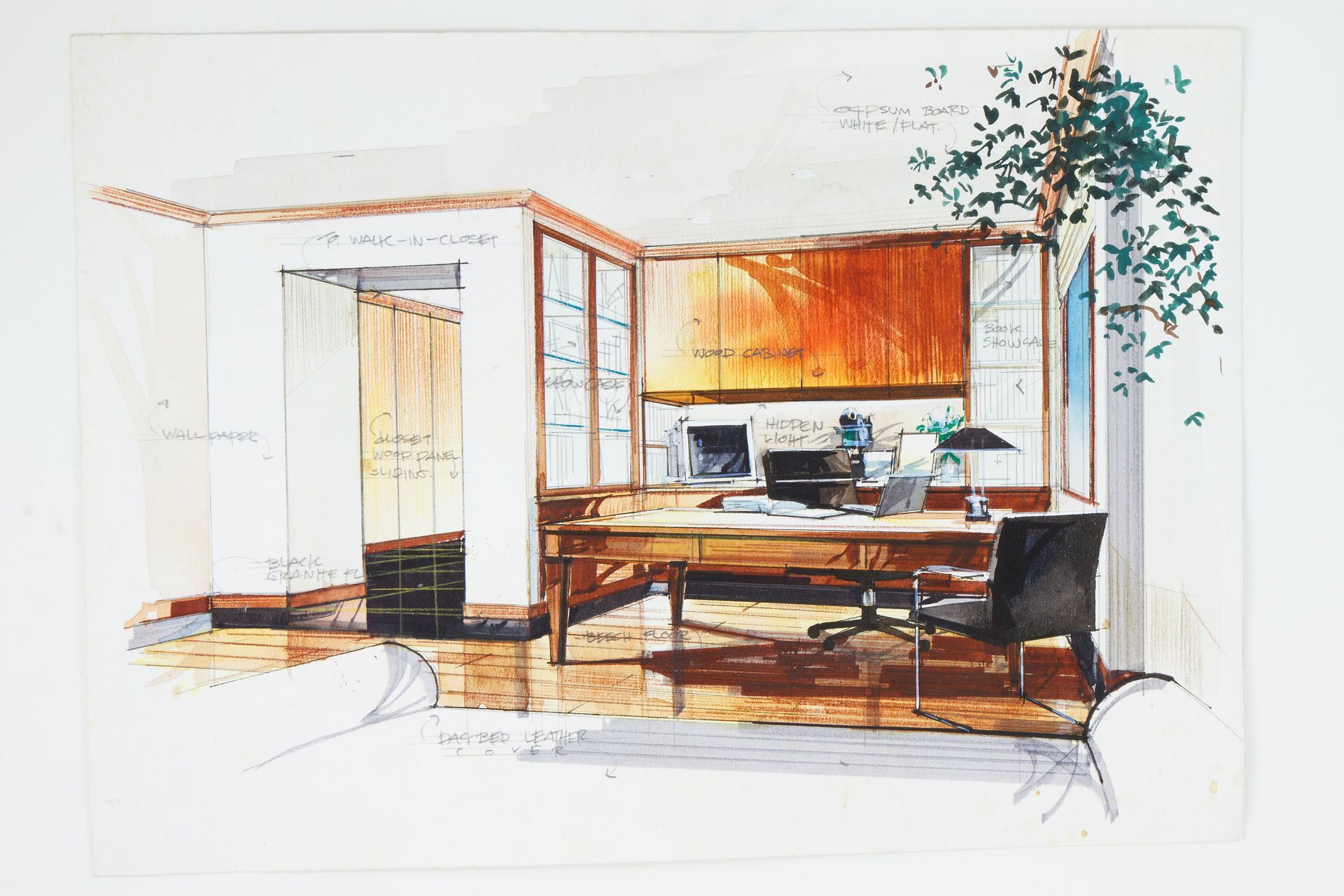 A drawing of a home office with a desk and chair.