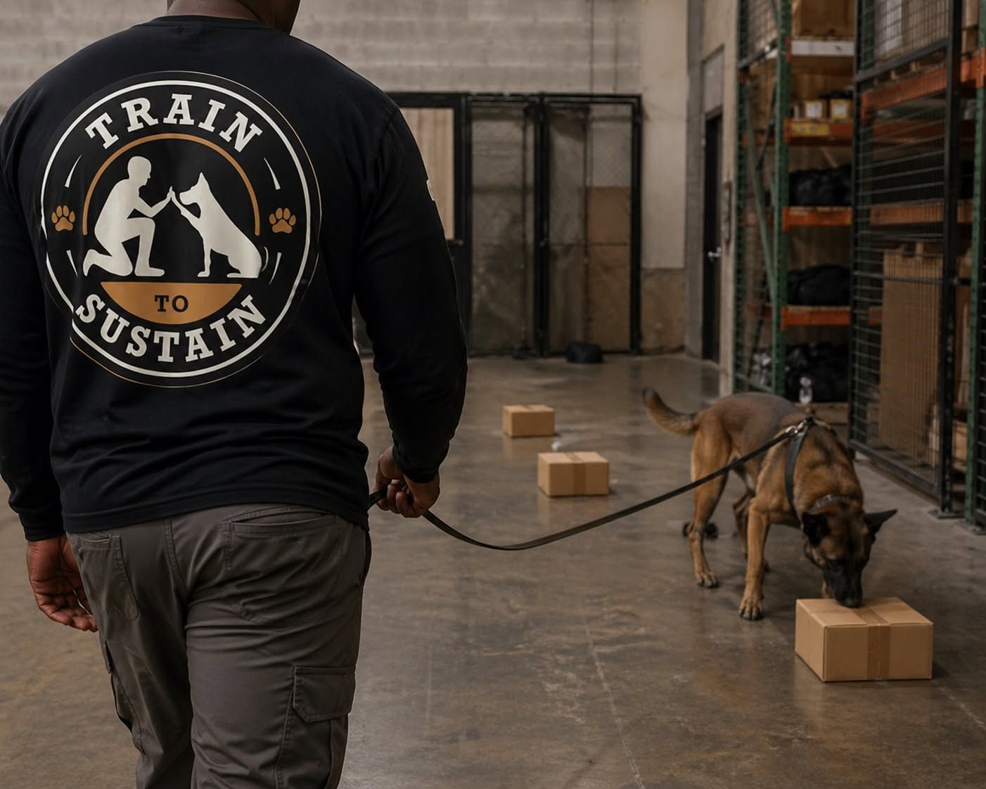 Trainer leading a tan dog on a leash in a warehouse, with boxes laid out for scent training.
