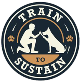 Train to Sustain logo with a kneeling person and a dog touching paws, in navy, white, and orange.