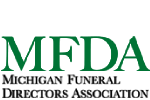 MEDA logo with green letters and “Michigan Funeral Directors Association” in black text