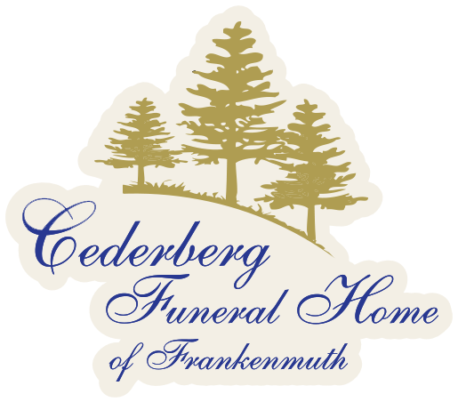 Cederberg Funeral Home of Frankenmuth logo with black pine trees and cursive text