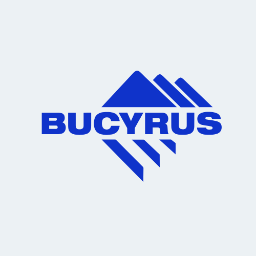 A blue Bucyrus logo on a white background