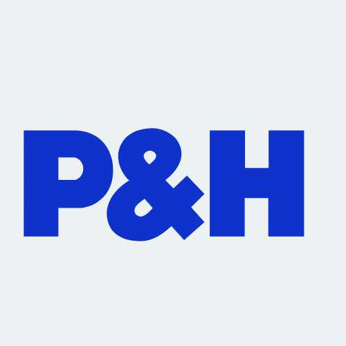 A blue P&H logo on a white background