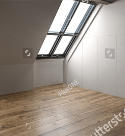 An empty room with a skylight and the word plusone on the bottom