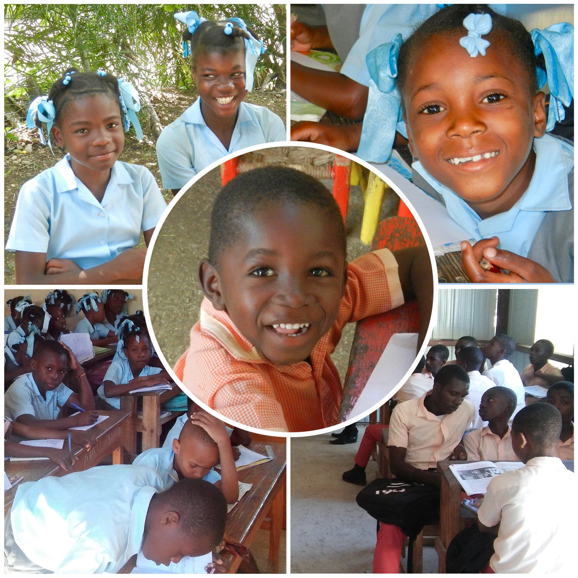 collage of smiling children in Trouin, Haiti, classroom