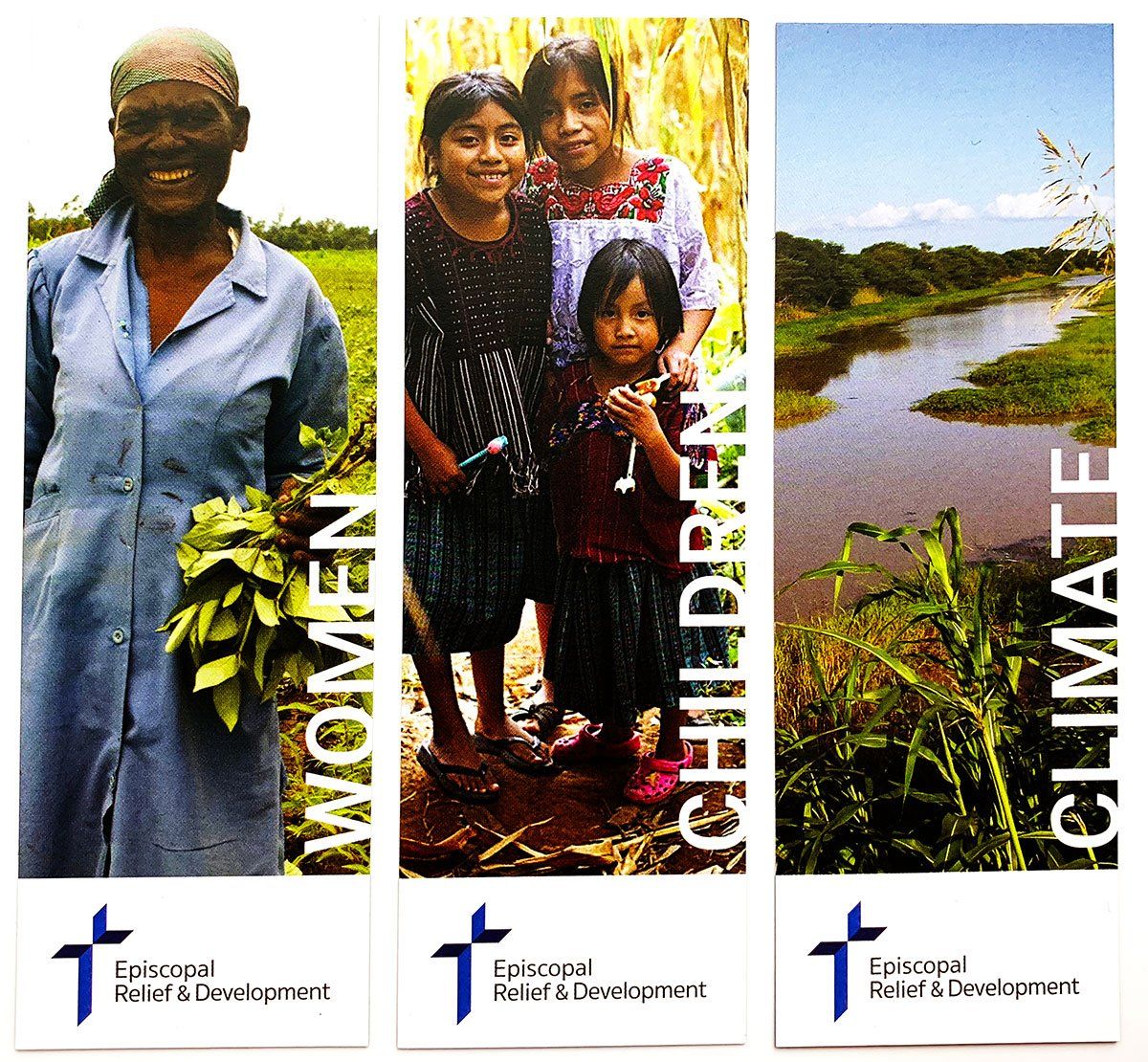 3 panel image with woman in a field, small children, and a river