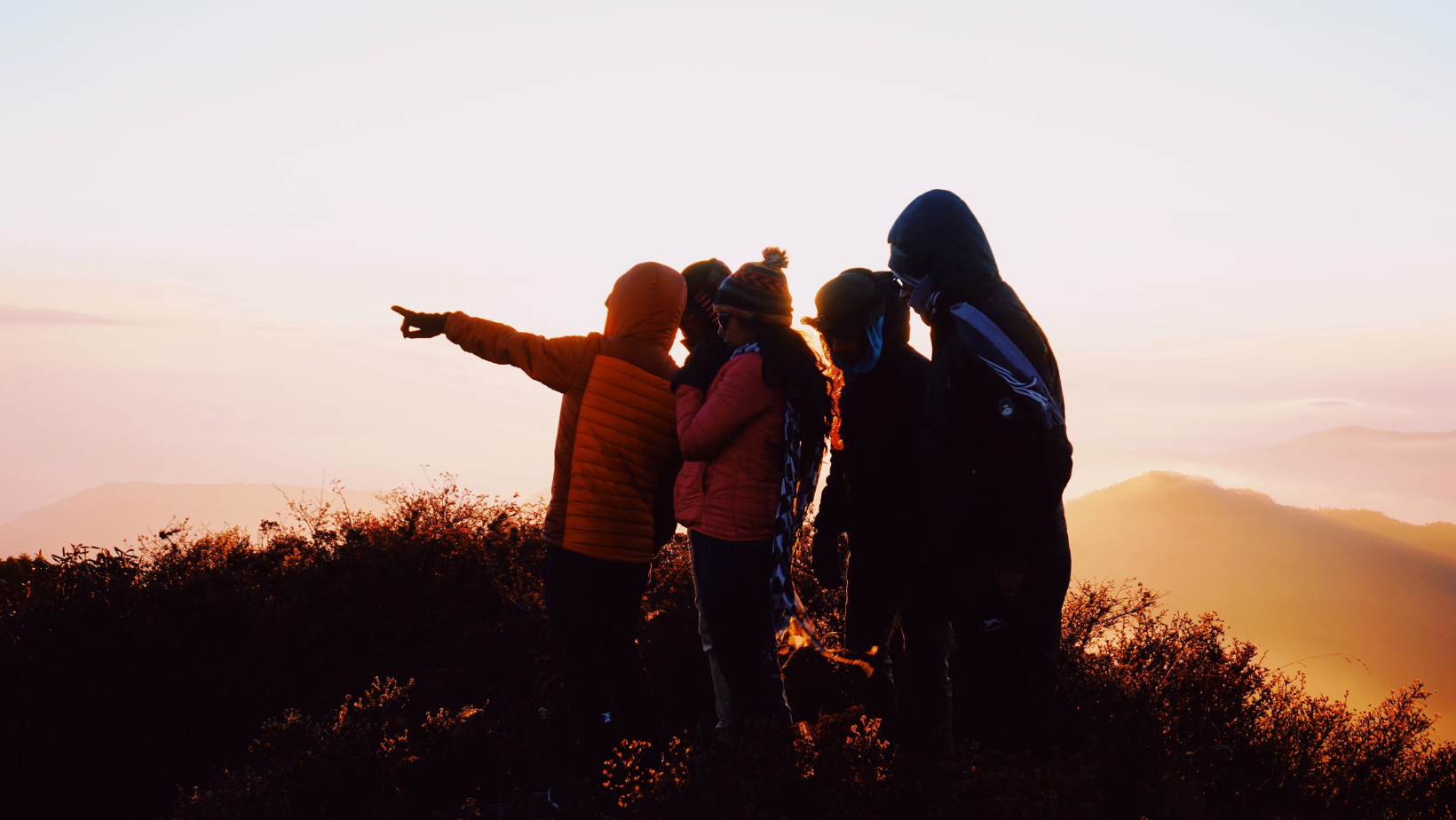 Group of people pointing to something in the distance