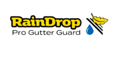 The raindrop pro gutter guard logo is yellow and black.