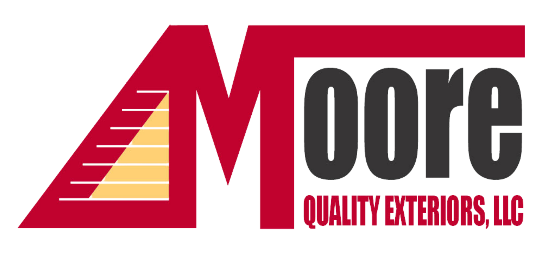 A red and black logo for moore quality exteriors llc