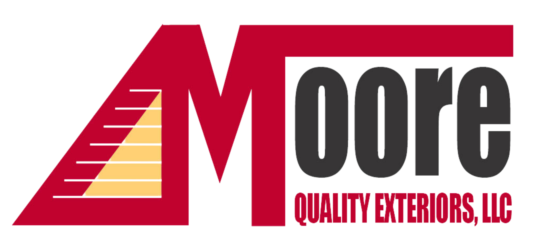 A red and black logo for moore quality exteriors llc