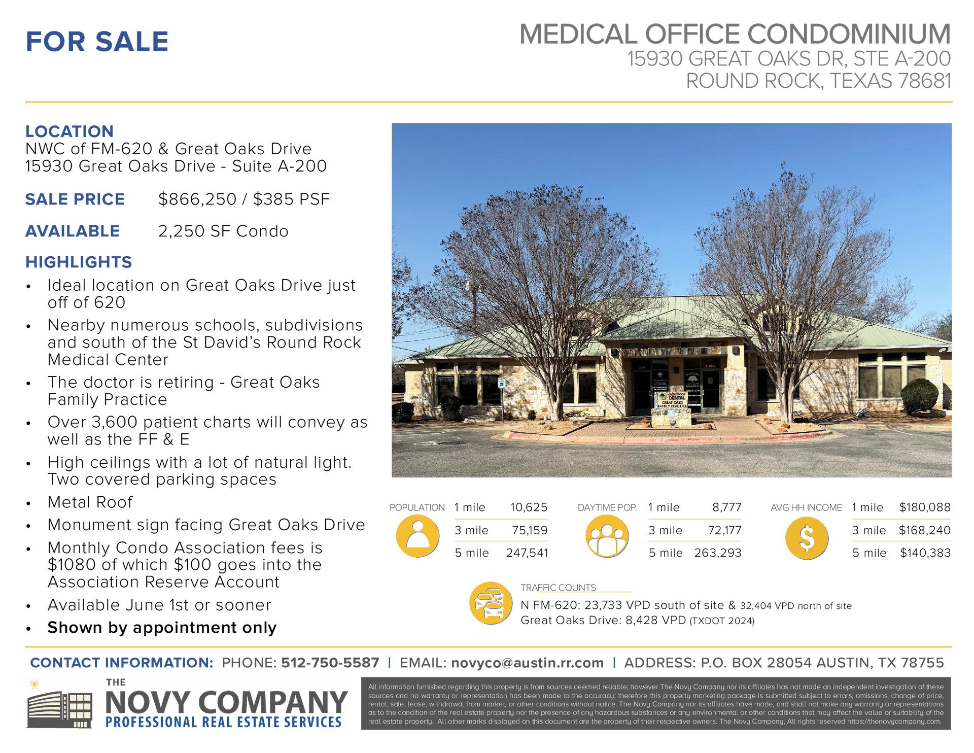 Medical office building for sale in Round Rock, TX. Exterior view, with for sale details and contact info.