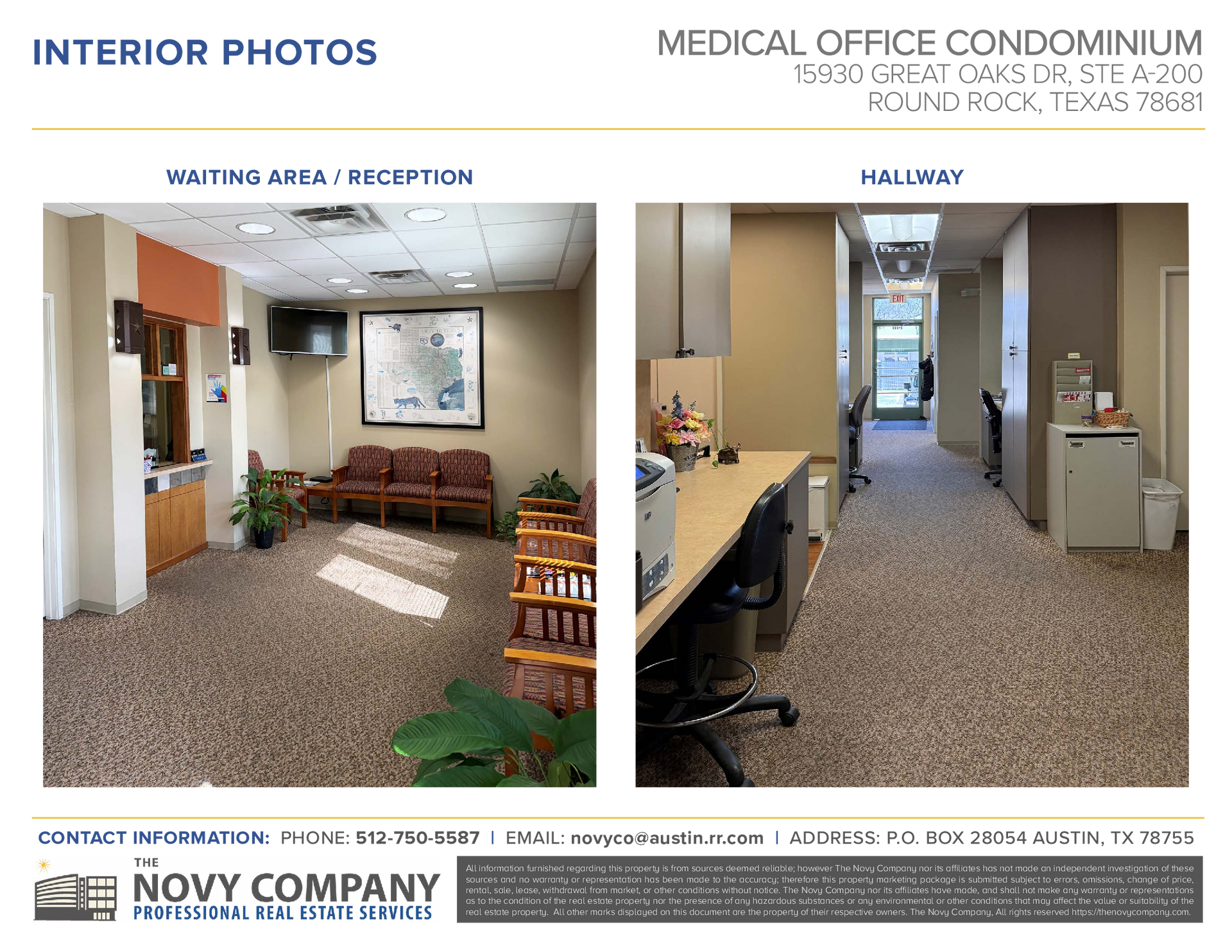 Interior photos of a medical office condominium in Round Rock, TX. One photo shows a waiting area, the other shows a hallway.