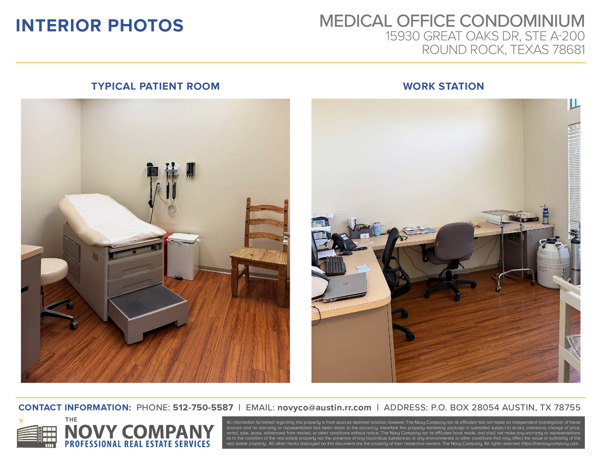 Interior photos of a medical office condo: patient room with exam table, workstation with desk and equipment.