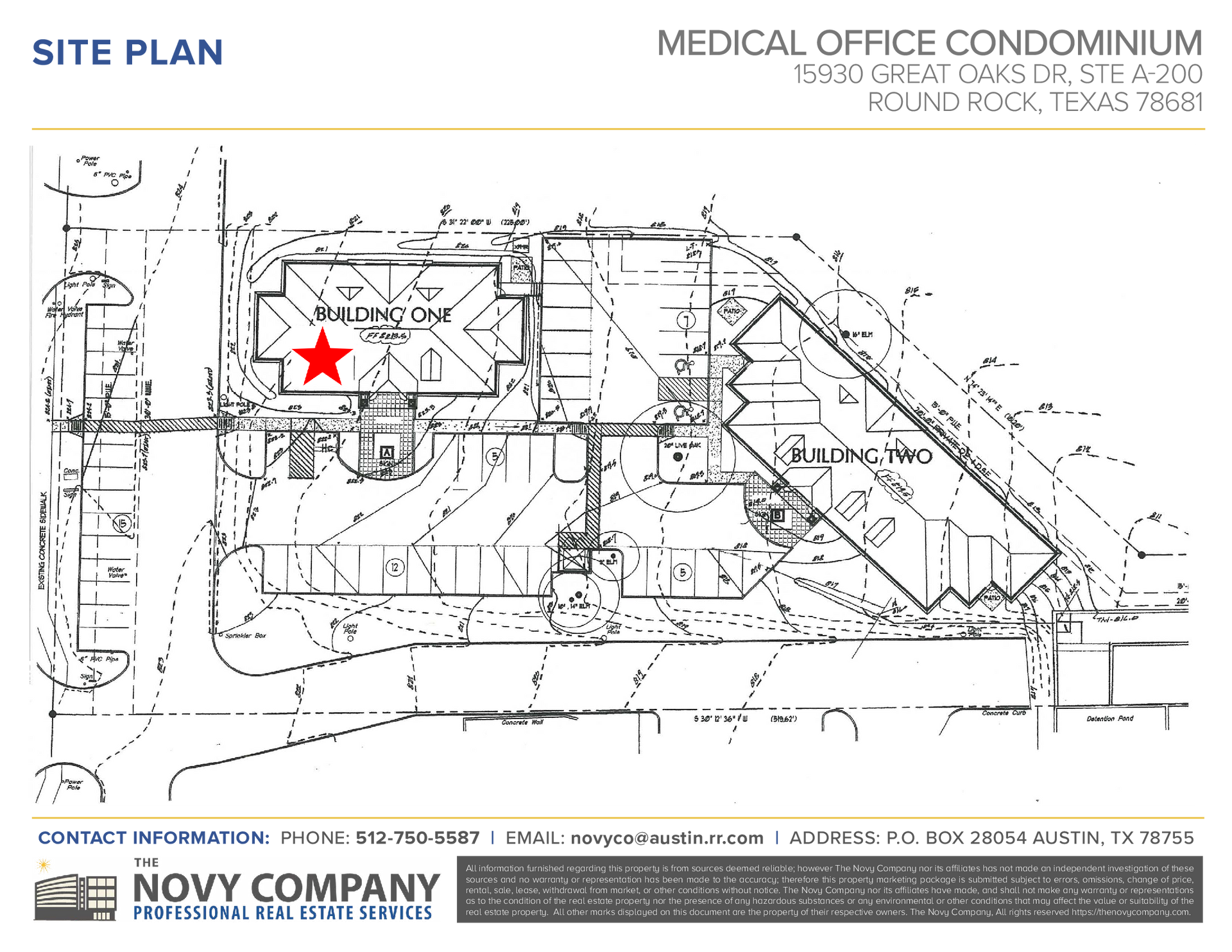 Site plan of a medical office condominium in Round Rock, Texas, showing building layouts and parking.