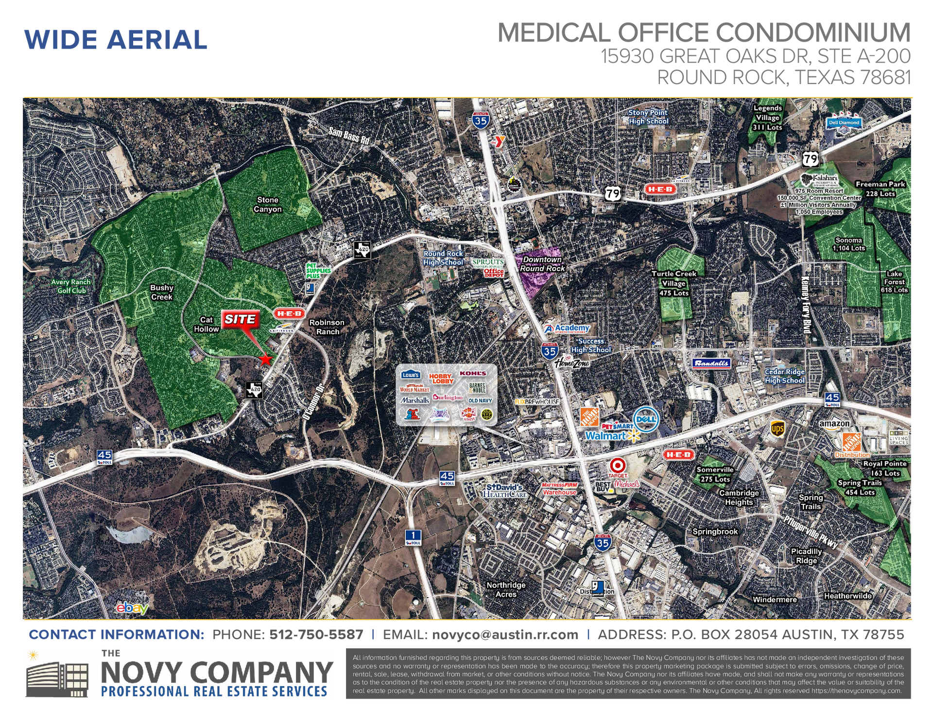 Wide aerial view of Round Rock, Texas, showing a medical office condominium and surrounding area.