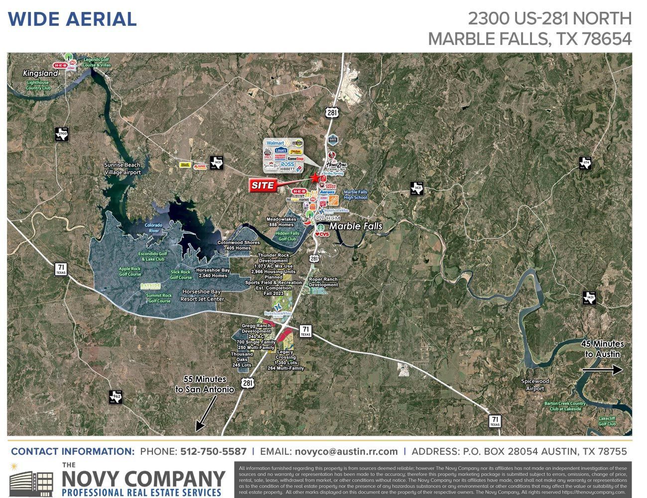 An aerial view of marble falls, texas.