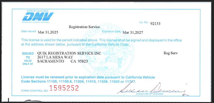 A license from the california department of motor vehicles