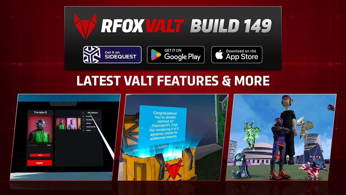 RFOX VALT loogo and heading text Build 149 latest features and more with 3 metaverse screenshots