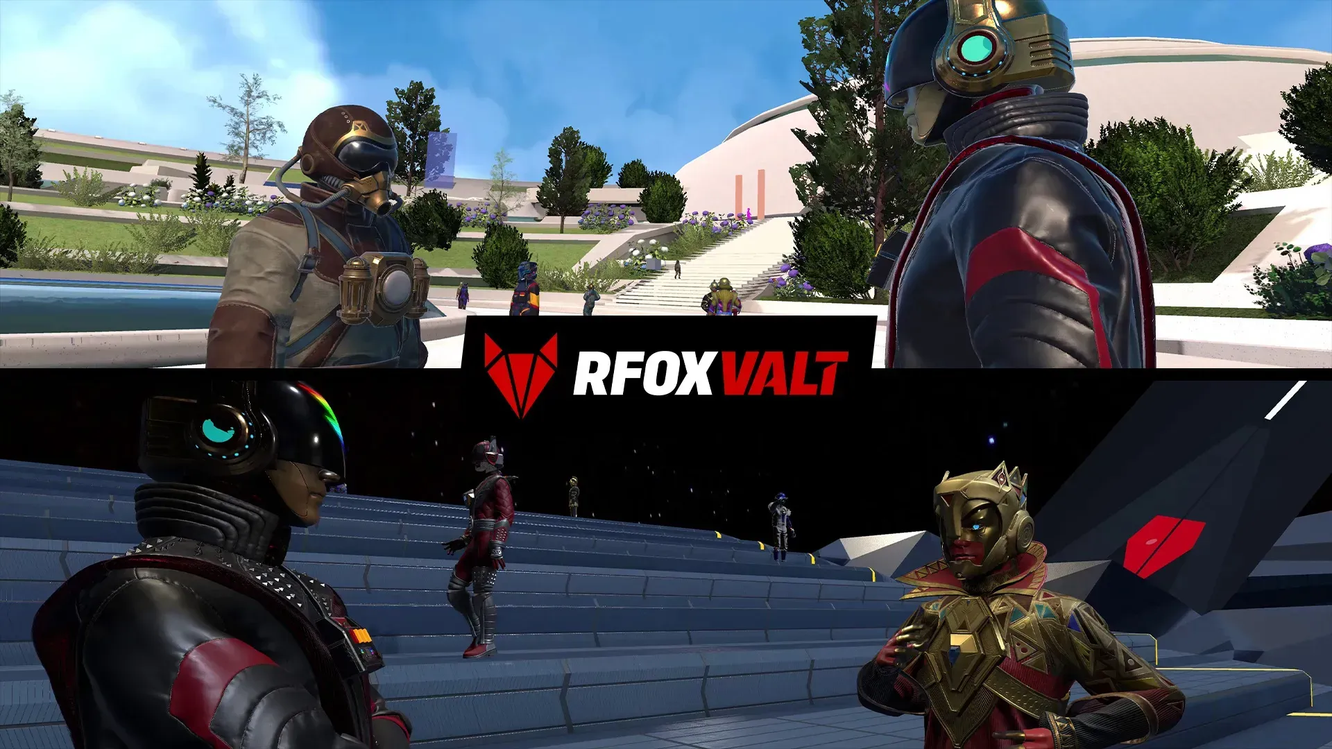 Couple of CitiXens avatars are talking to each other in Callinova and Arkamoto quarters of the RFOX VALT metaverse