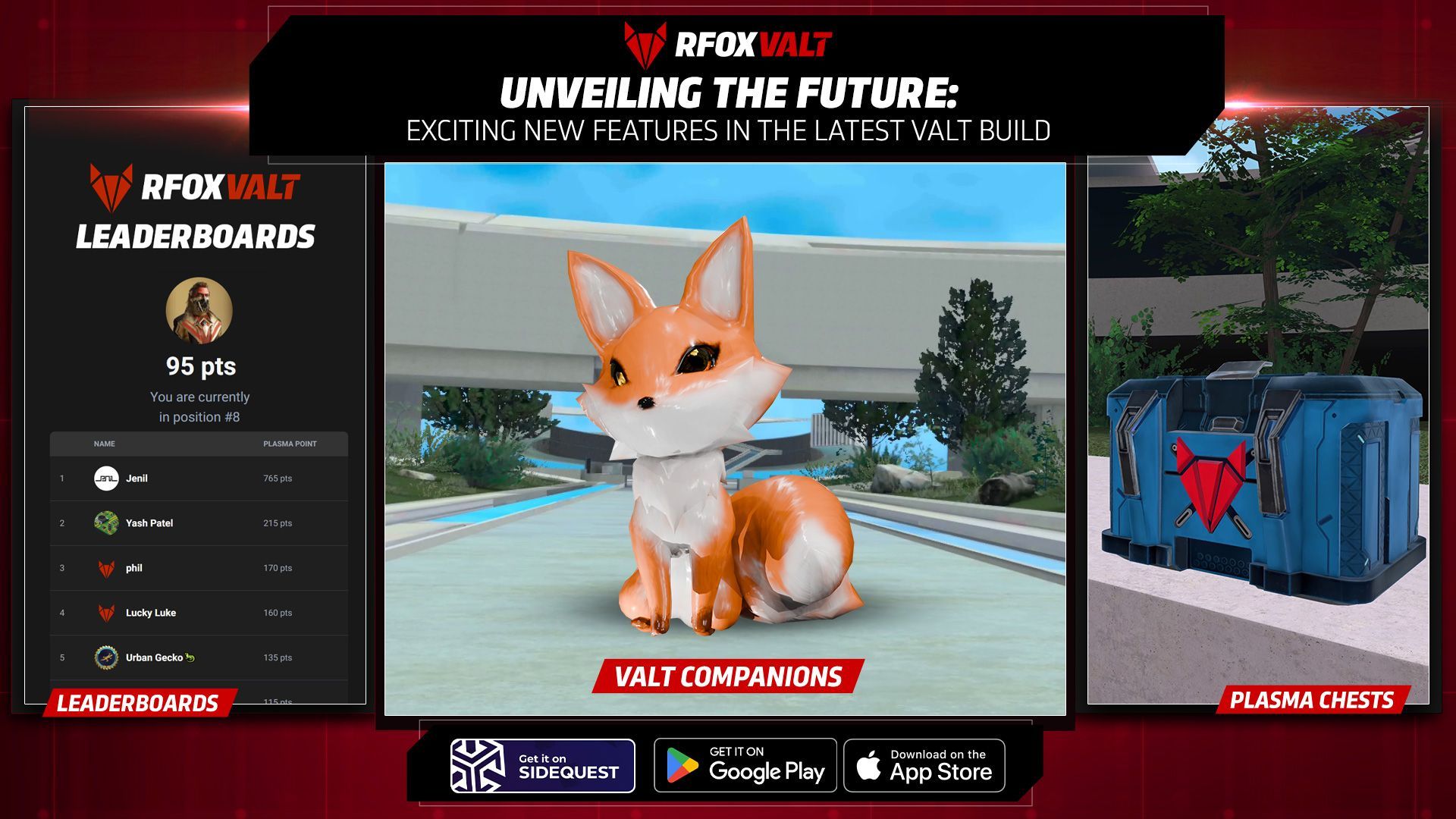 Screenshot of the leaderboards, a FoX companion, and a blue Plasma chest in the RFOX VALT metaverse