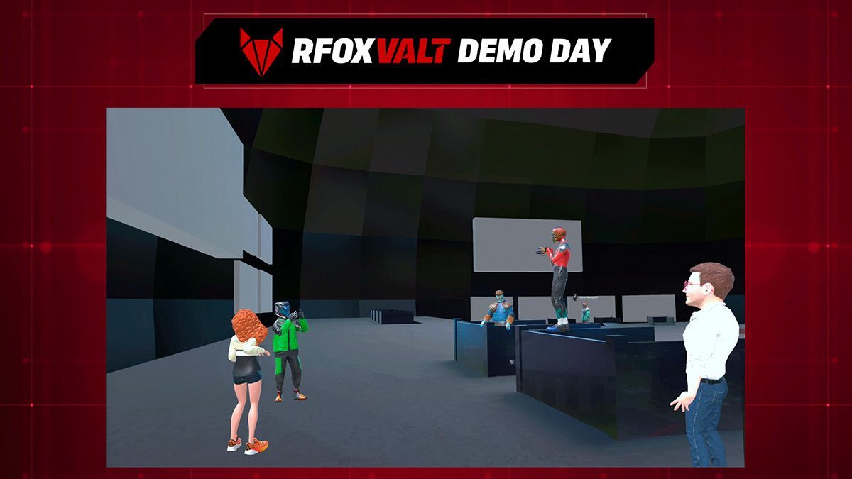 Graphics with title RFOX VALT Demo Day and CitiXens avatars at Qua5ar dome in the metaverse