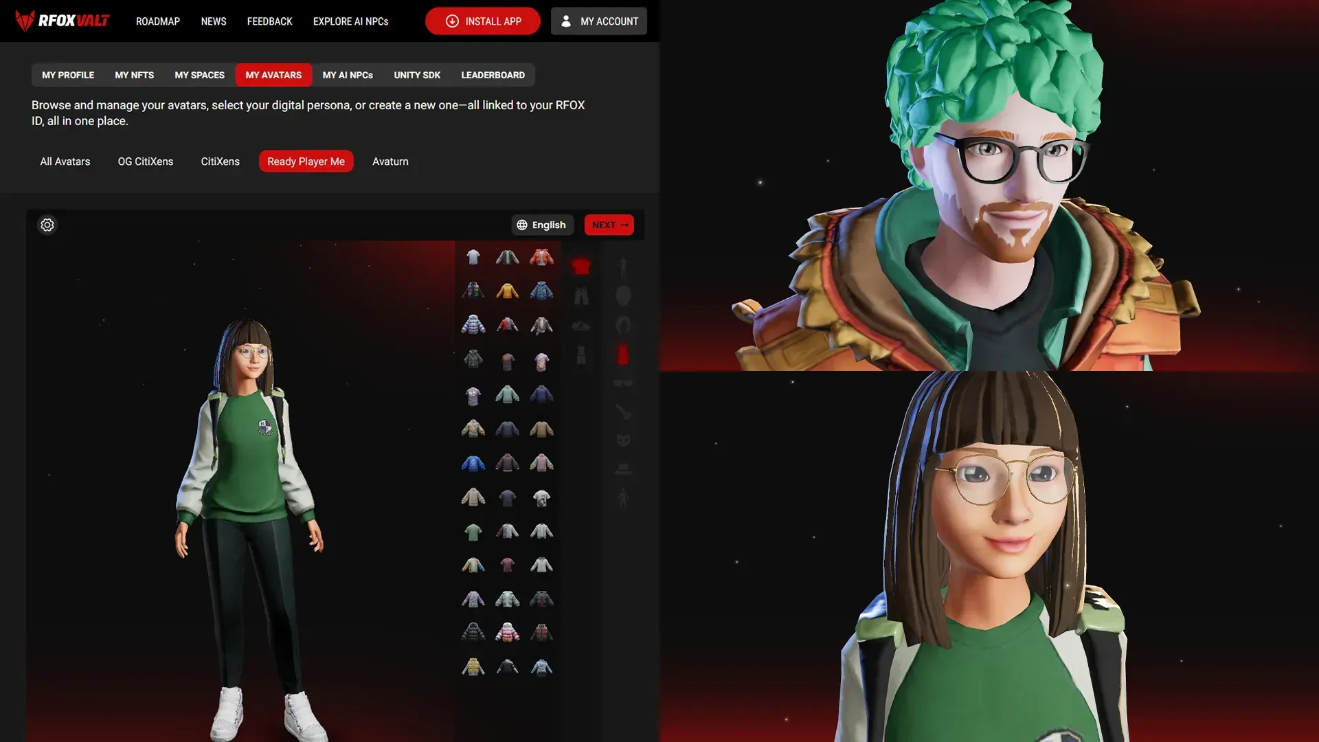 A Ready Player Me dashboard on RFOX ID where users can customize their avatars