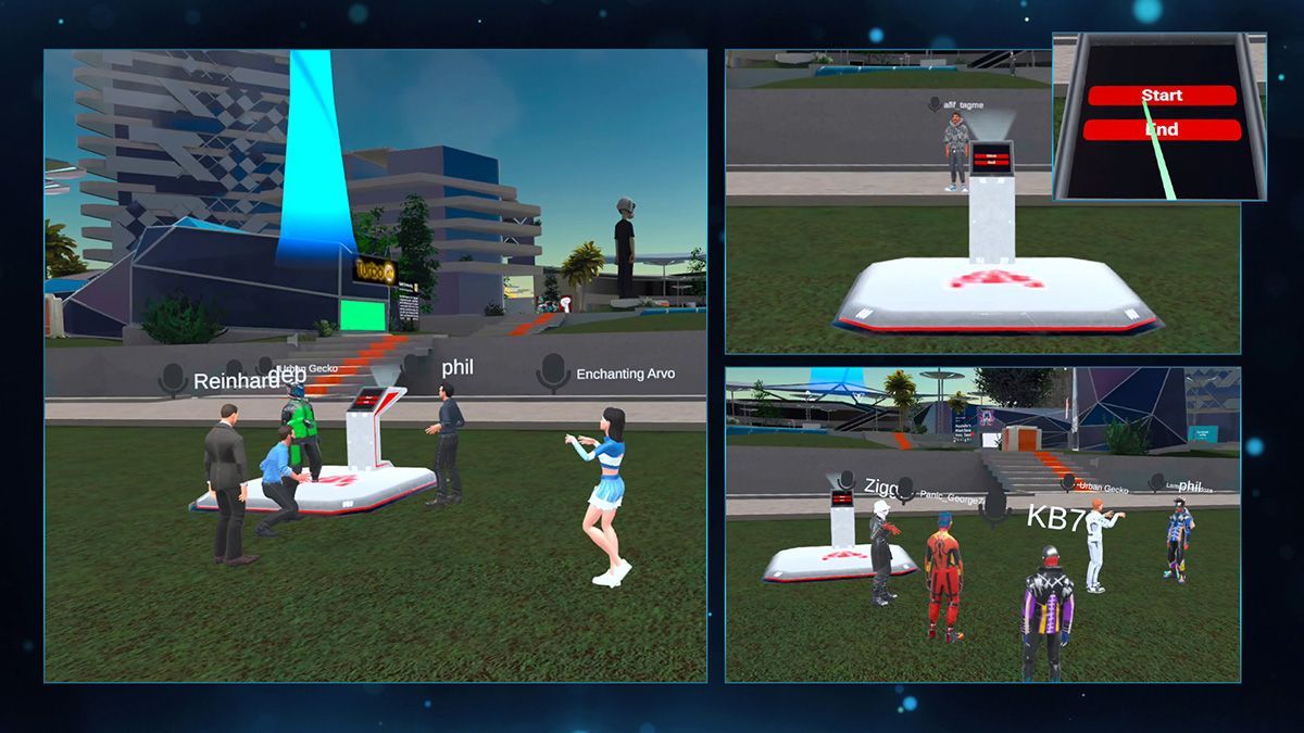 Virtual avatars gather around a futuristic race start pad in the RFOX VALT metaverse.