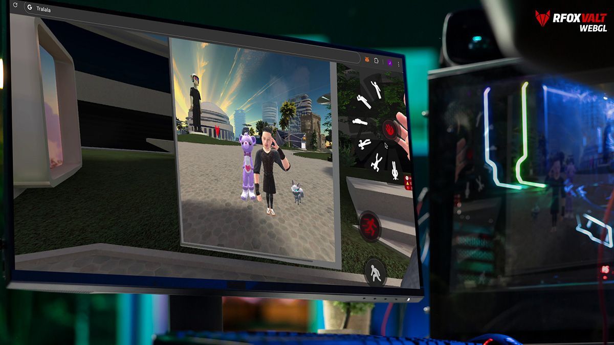 A view of the RFOX VALT metaverse with two avatars using a browser tab powered by WebGL