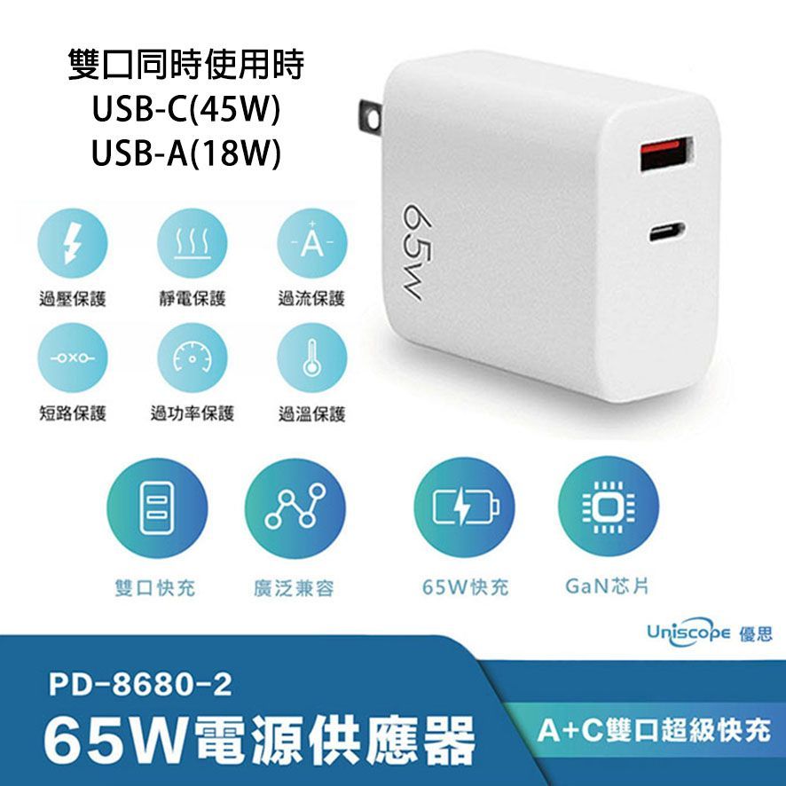 【Uniscope優思】65W電源供應器(PD-8680-2) GaN 氮化鎵PD快充充電器 Type-C/USB充電器