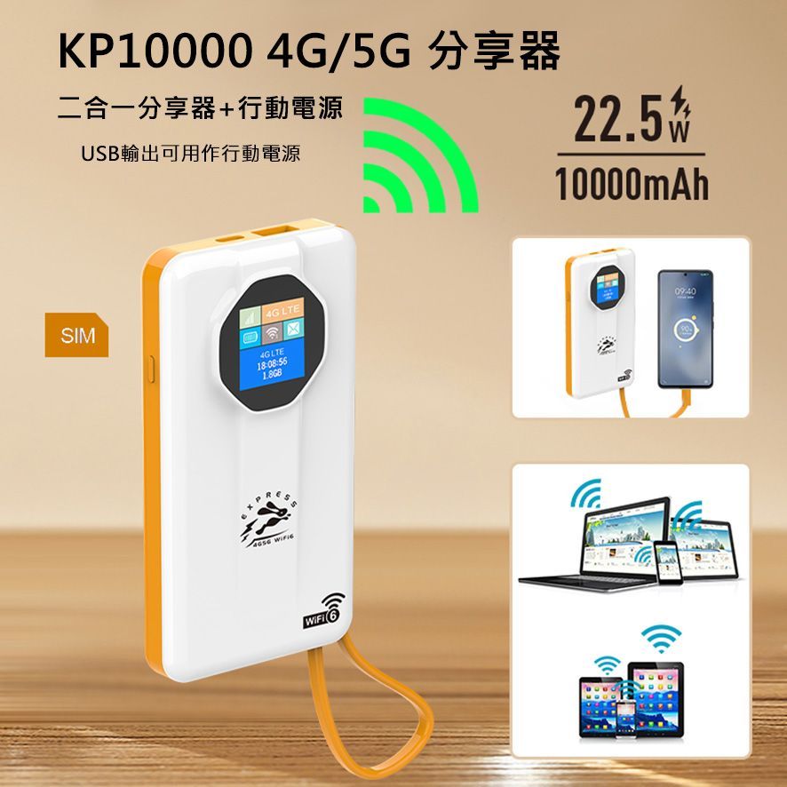 二合一分享器+行動電源KP10000 4G+5G SIM LTE WIFI分享器無線網卡路由器 可當移動電源 輕便小巧Wifi6