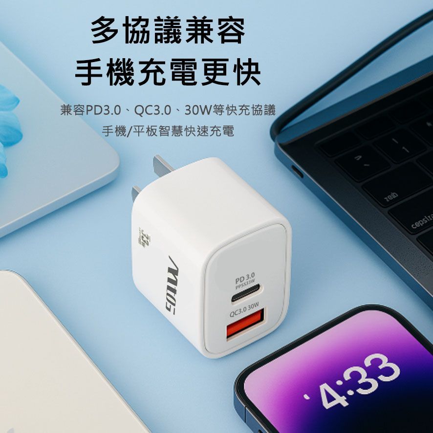 MTOS 33W氮化鎵USB+Type-C 智慧快充頭(JT-P33) 快速充電器 充電頭PD3.0