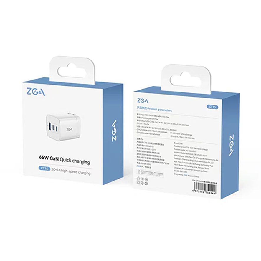 ZGA (CT15) 65W氮化鎵 USB-A+Type-C快速充電器 充電頭 摺疊插頭 電源供應器 小巧輕便 插頭 以一抵三