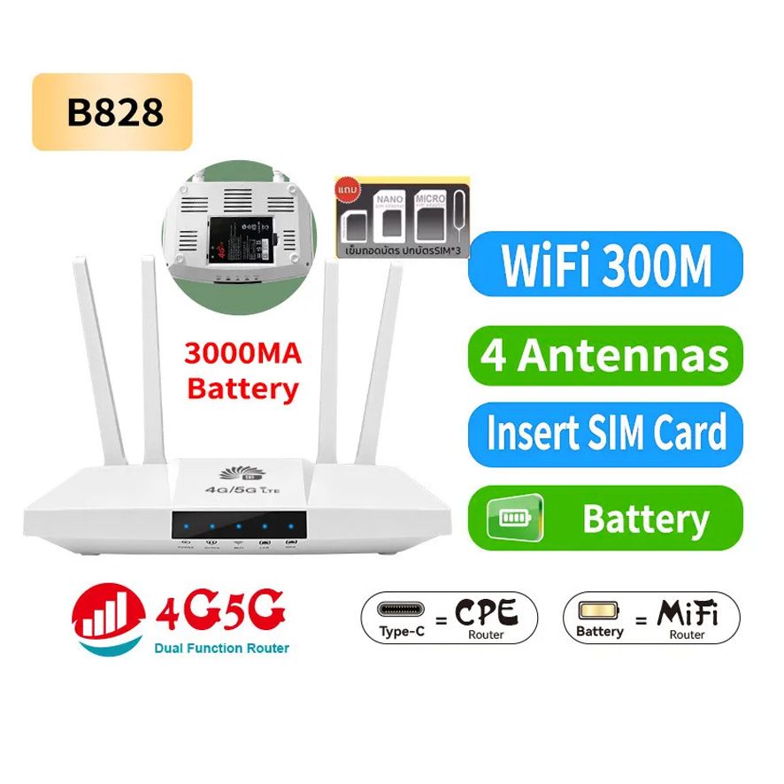 B828 4G/5G SIM LTE WIFI分享器無線網卡路由器網路孔 3000M 高增益4天線 Type-C充電