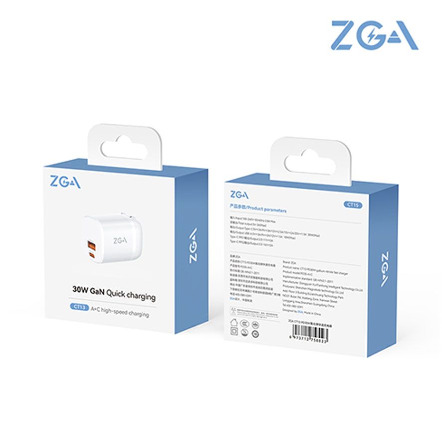 ZGA (CT13)30W氮化鎵 USB-A+Type-C快速充電器+傳輸線  充電頭 摺疊插頭 電源供應器 小巧