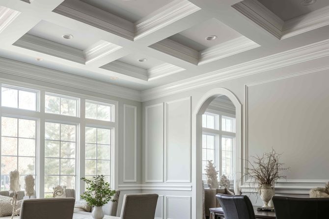 A living room with a coffered ceiling and custom moldings.