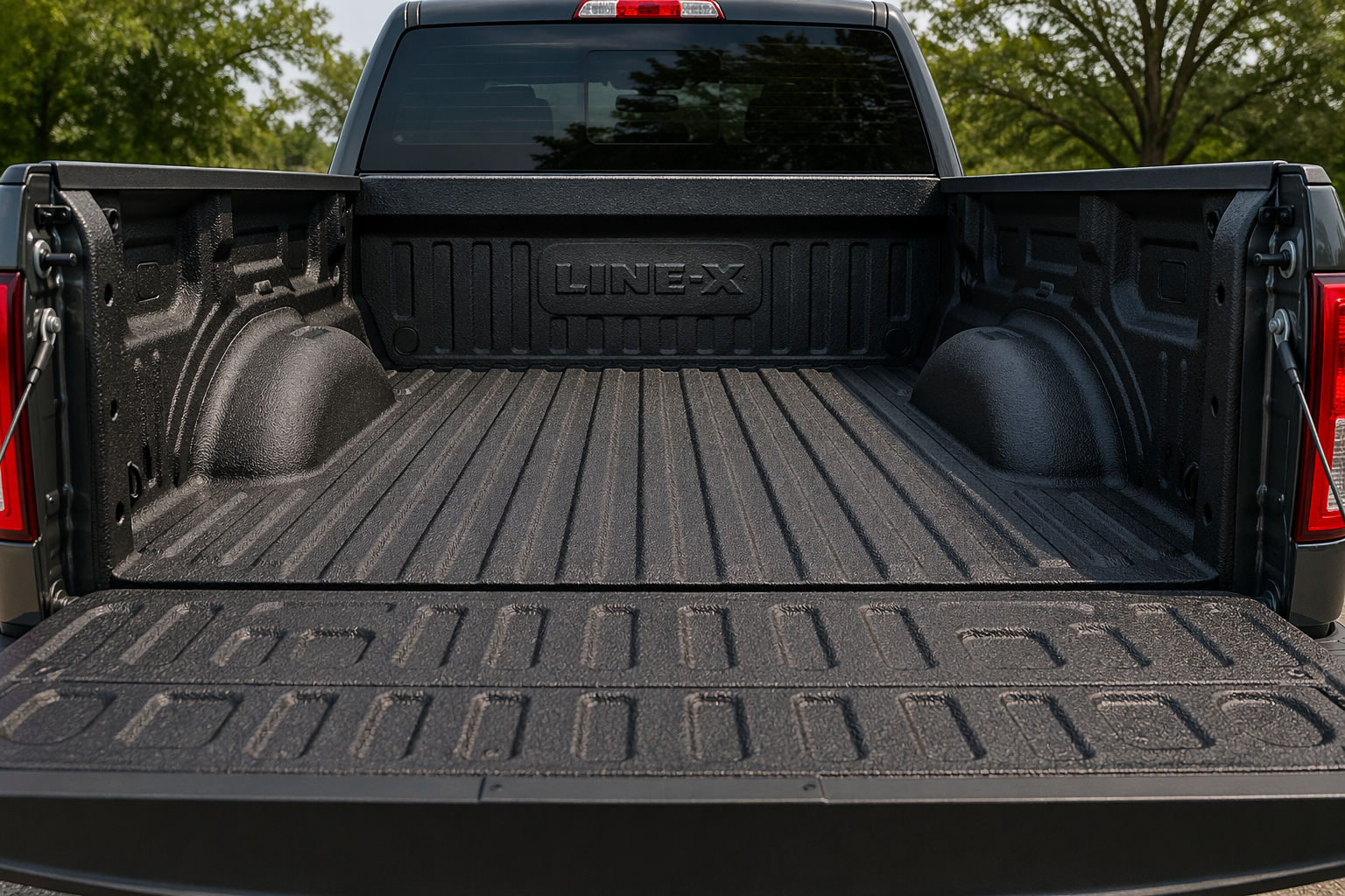 Work truck bed with durable LINE-X coating