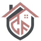 Logo stilizzato di una casa e uno scudo in nero e rosa tenue con una piccola icona di una finestra.