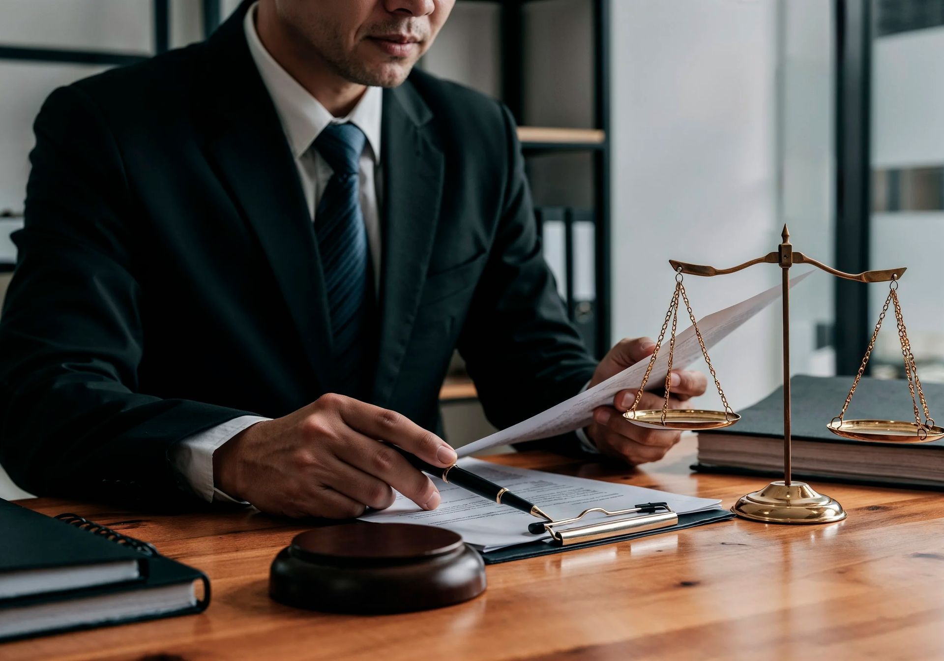 A professional in a suit reviews documents at a desk featuring a wooden gavel and a small brass scale of justice.