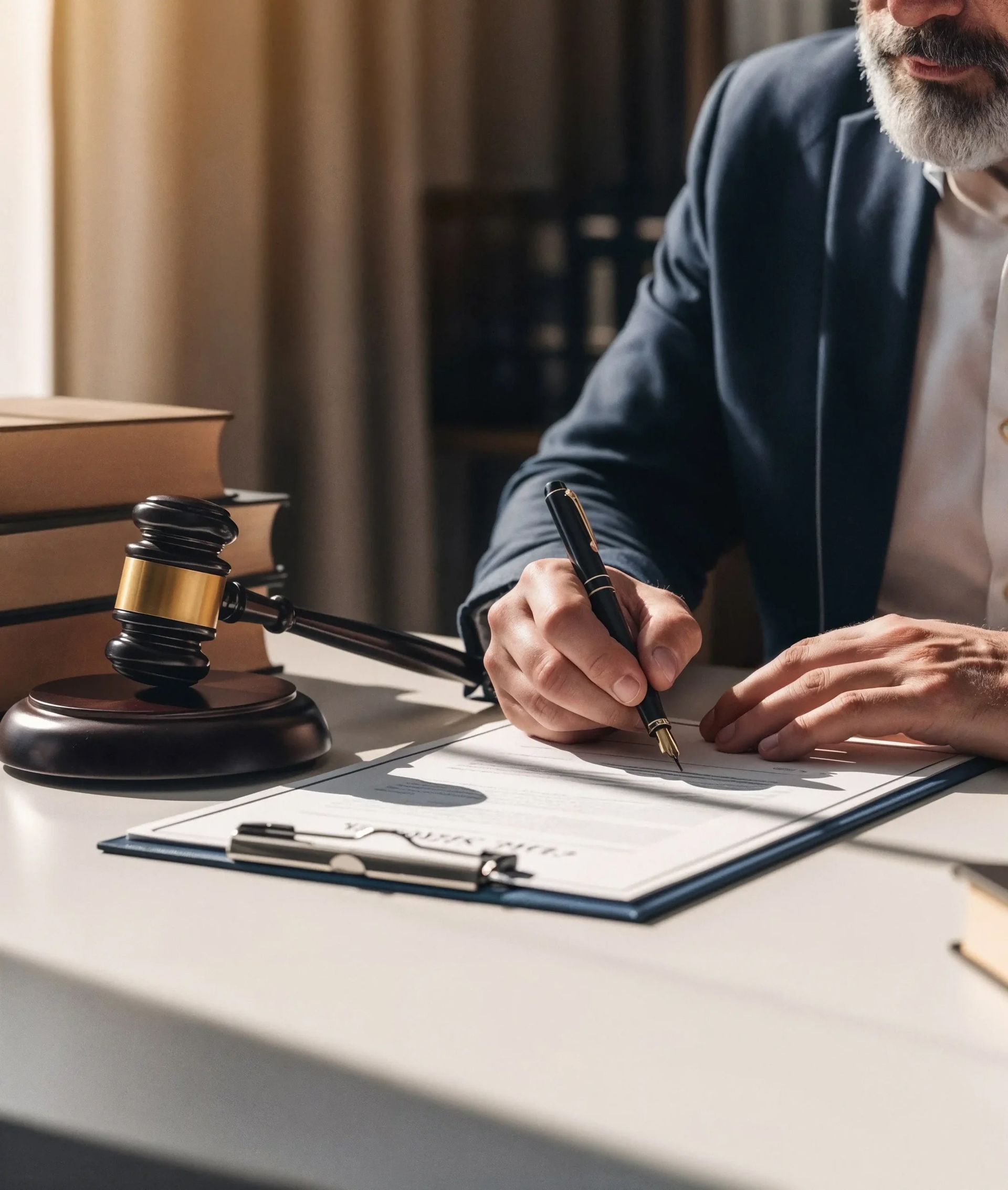 A person in a suit writes on a document next to a judge's gavel and stack of books on a desk.