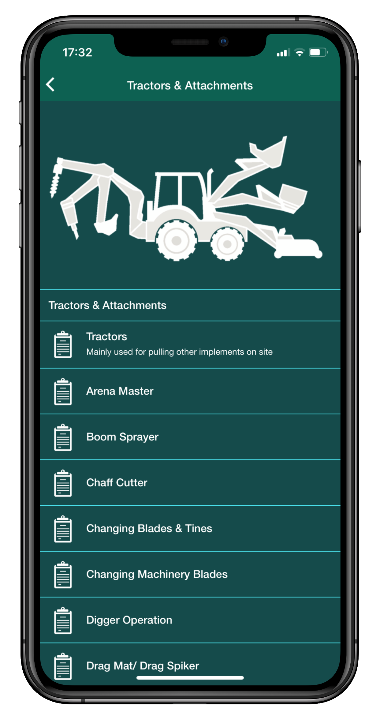 Mobile App screen with risk assessment for a Tractor and attachments