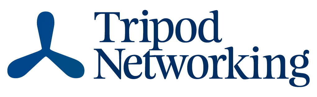 A tripod networking logo with a blue silhouette of a person