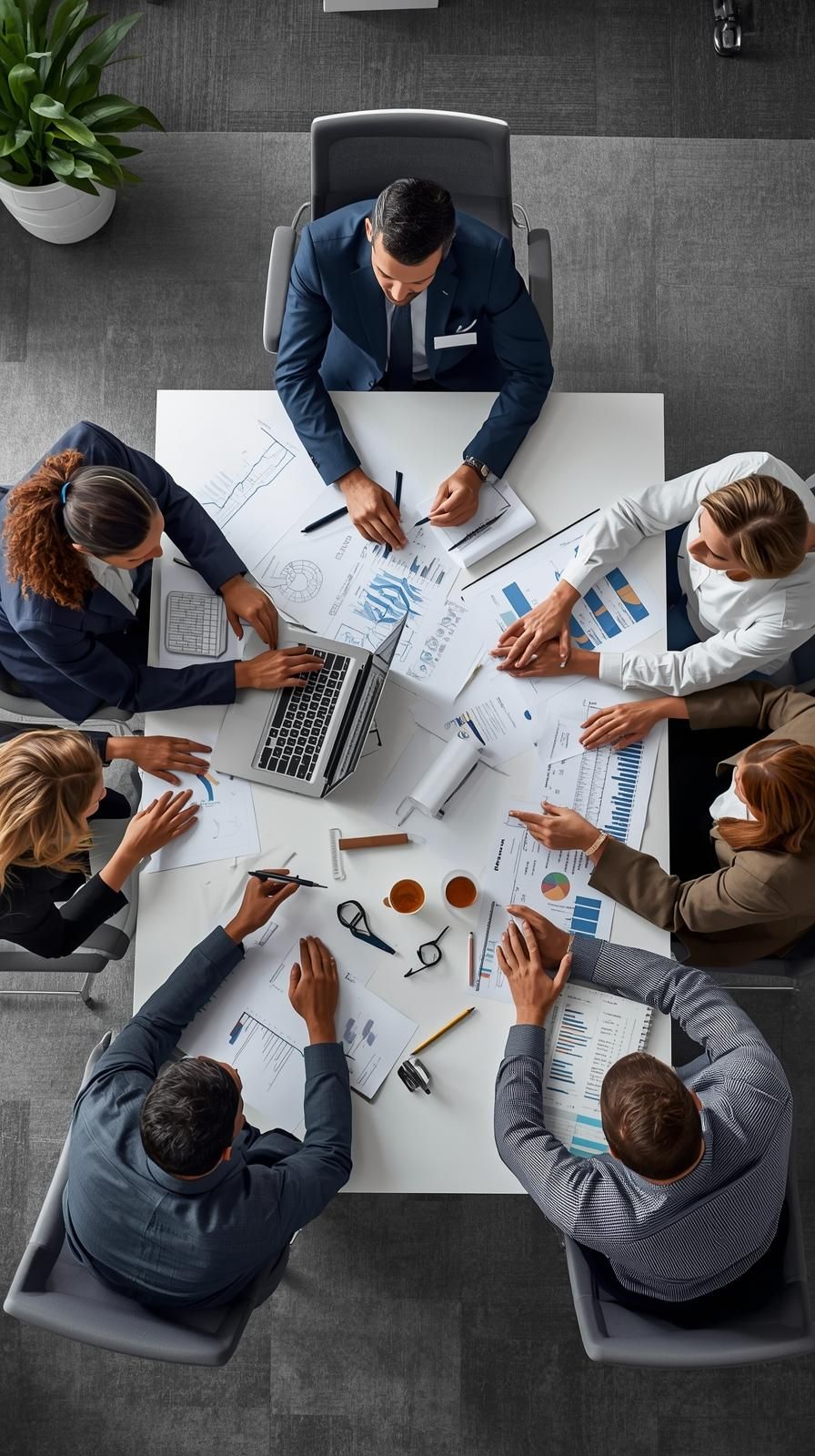 Looking up at a group of tall buildings with a blue sky in the background.