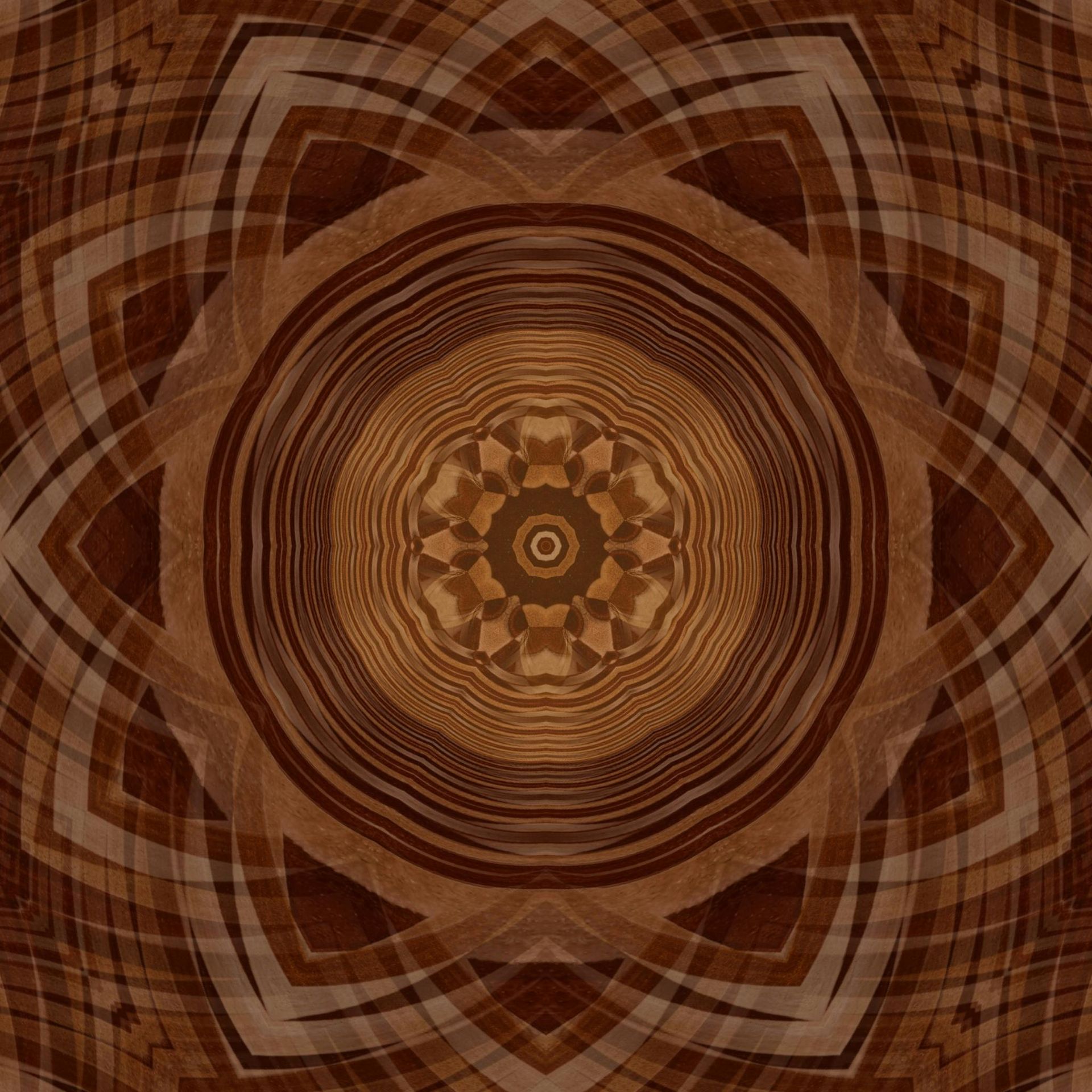 Brown symmetrical kaleidoscope pattern with wood grain texture.