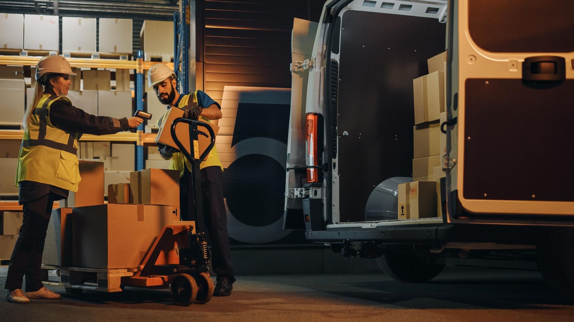 Workers loading packages into a delivery van with a pallet jack in a warehouse.