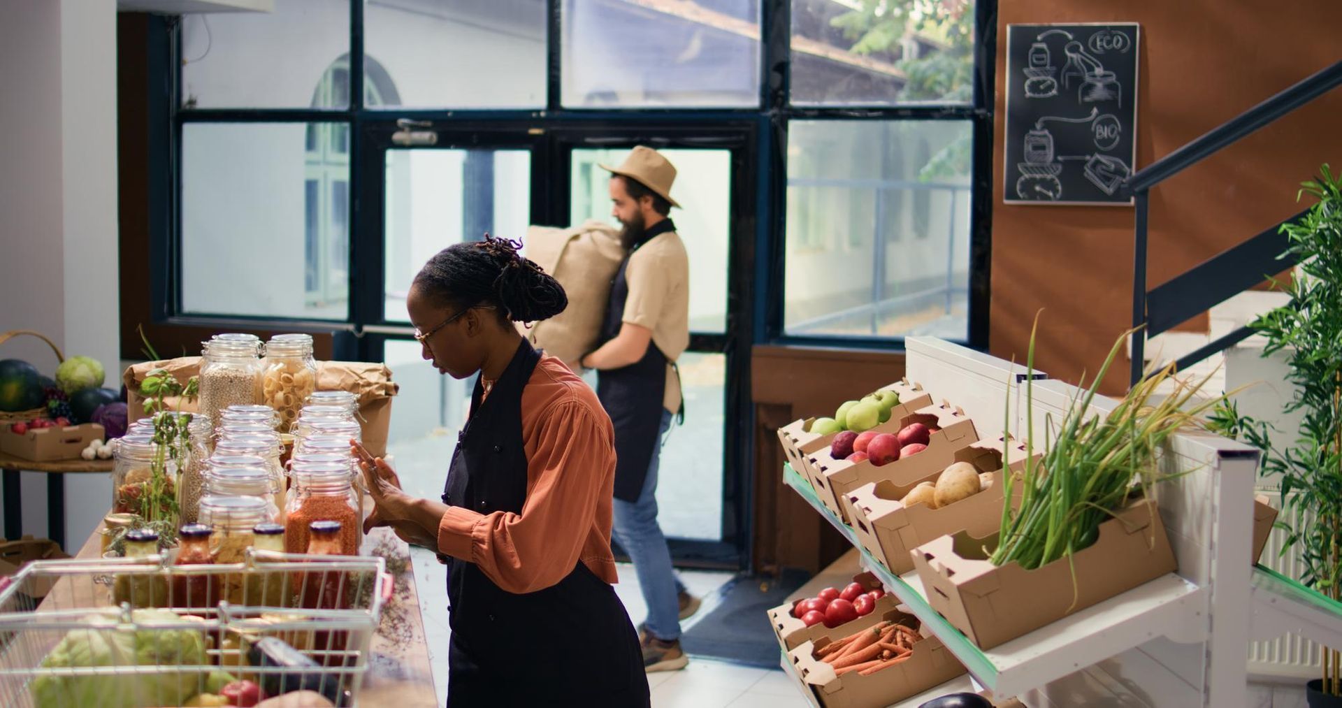 A person arranging jars near fresh produce as another carries a sack inside a market.