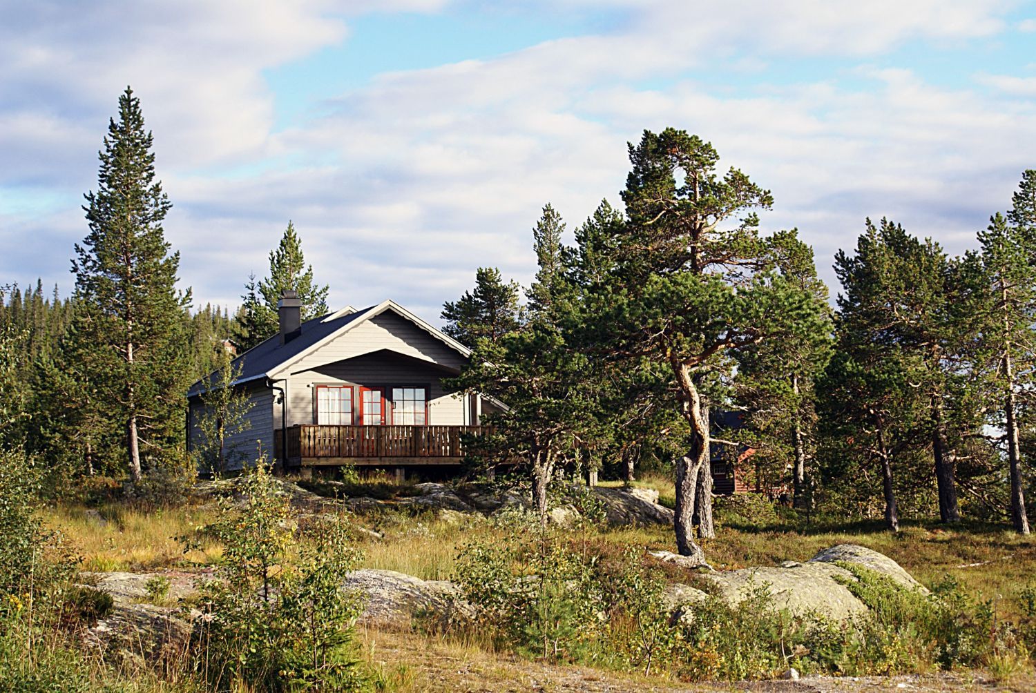 Cabin with wooden balcony nestled among tall pine trees under a cloudy blue sky.