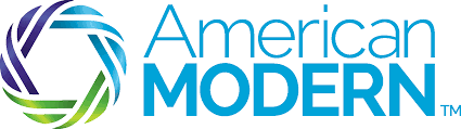 Logo for American Modern insurance, featuring a colorful, abstract circular design and company name in blue. 